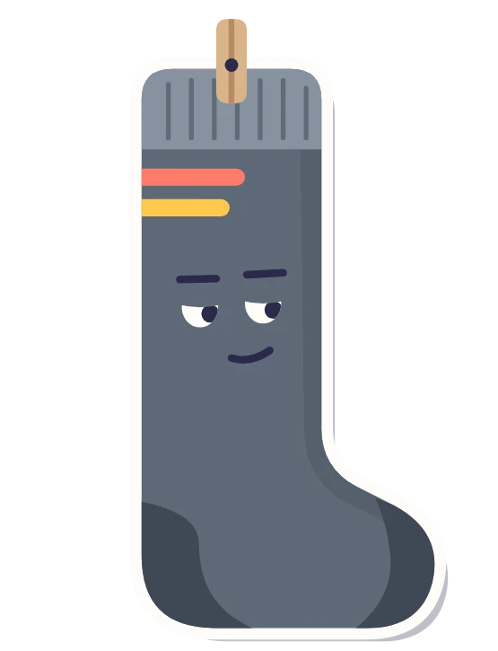 Lefty, a grey sock with a coral and yellow stripe, pegged on a clothesline over a little city